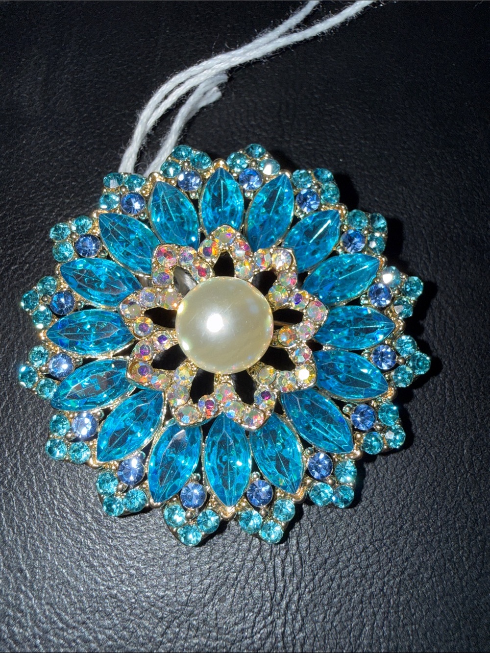 Blue Crystal Floral Brooch with Pearl Center
